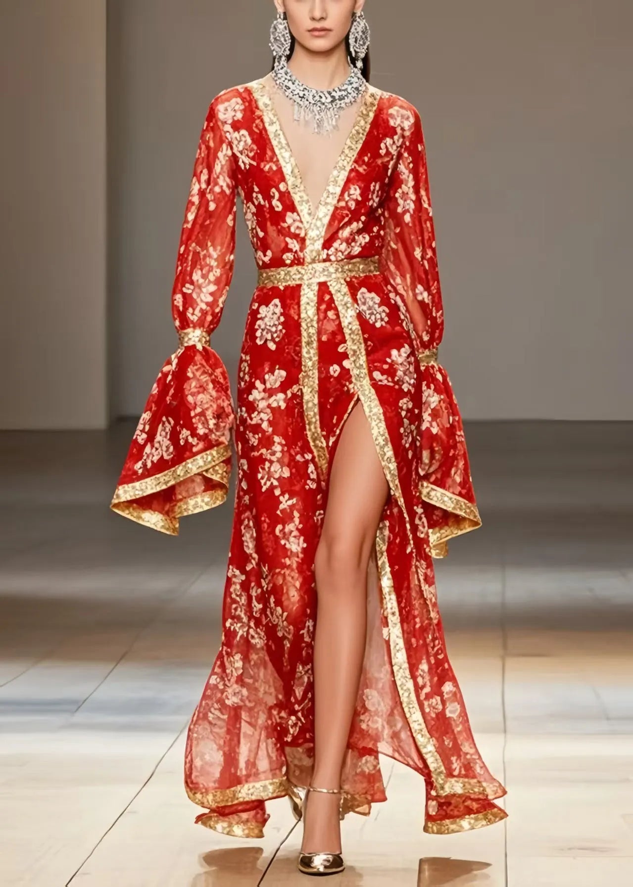 New Retro Red Print Side Open Chiffon Wedding Dress Flare Sleeve