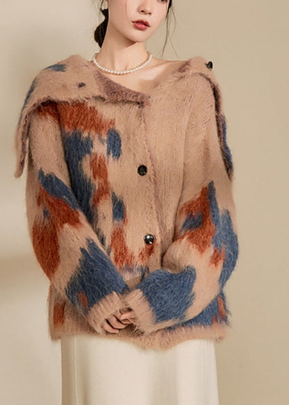 Brown Print Button Cotton Knit Cardigan Winter