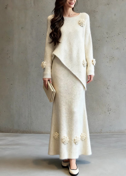 Natural Asymmetrical Cotton Knit Sweaters and a Line Skirts Two-piece Set Spring
