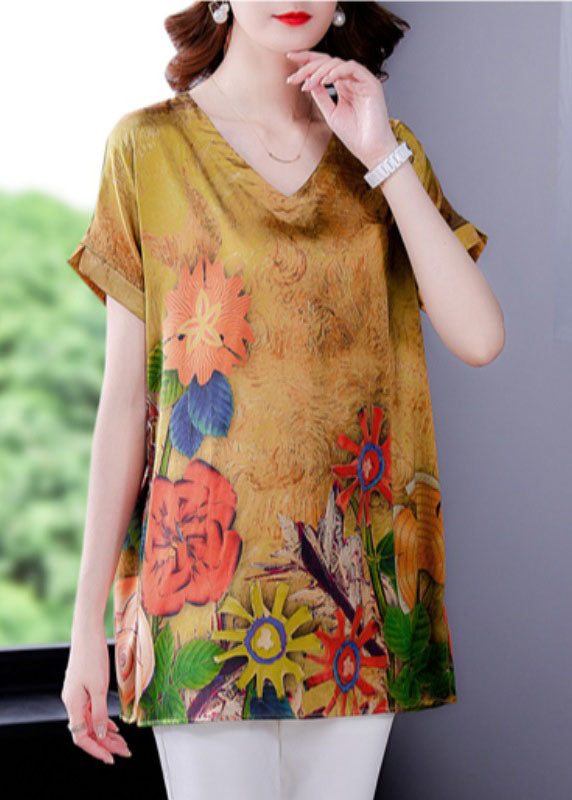 Yellow V Neck Original Design Print Side Open Silk Top Short Sleeve