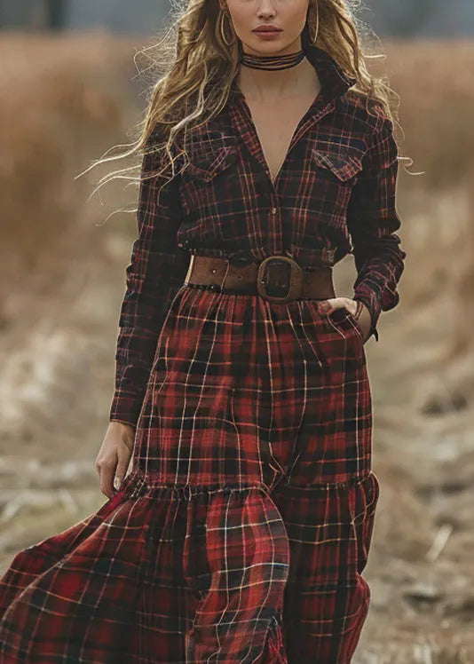 Retro Plaid Pockets Long Sleeve Pastoral Dresses