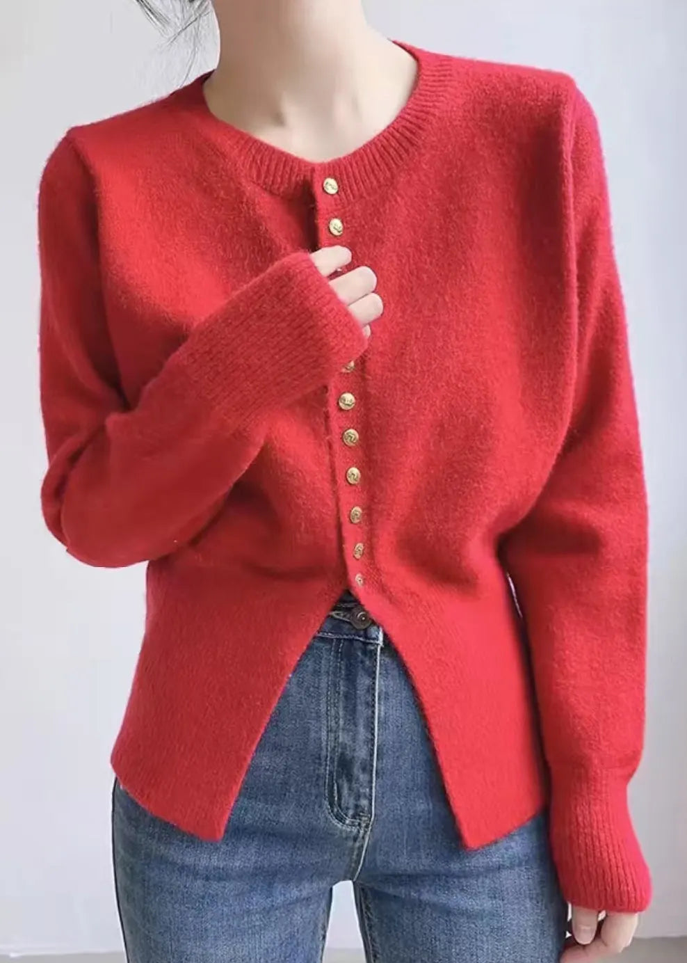 Red O Neck Button Knit Coats Spring