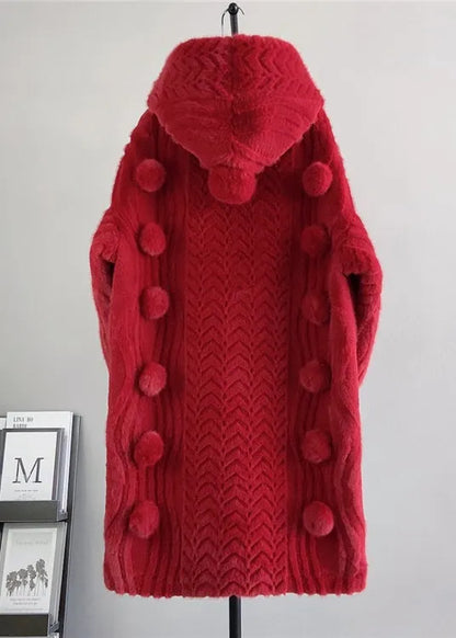 Loose Beige Zip Up Fuzzy Ball Decorated Mink Velvet Hoodie Coat Winter