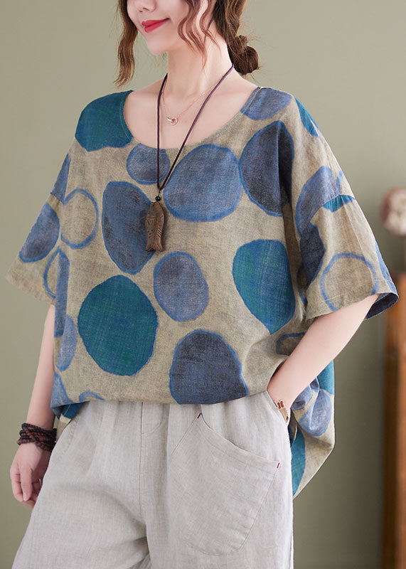 Blue O-neck Print Linen Tank Tops for Short Sleeve