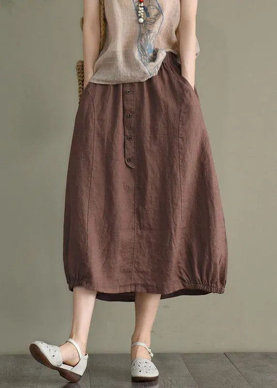 Khaki Linen Elastic Waist Button Skirt