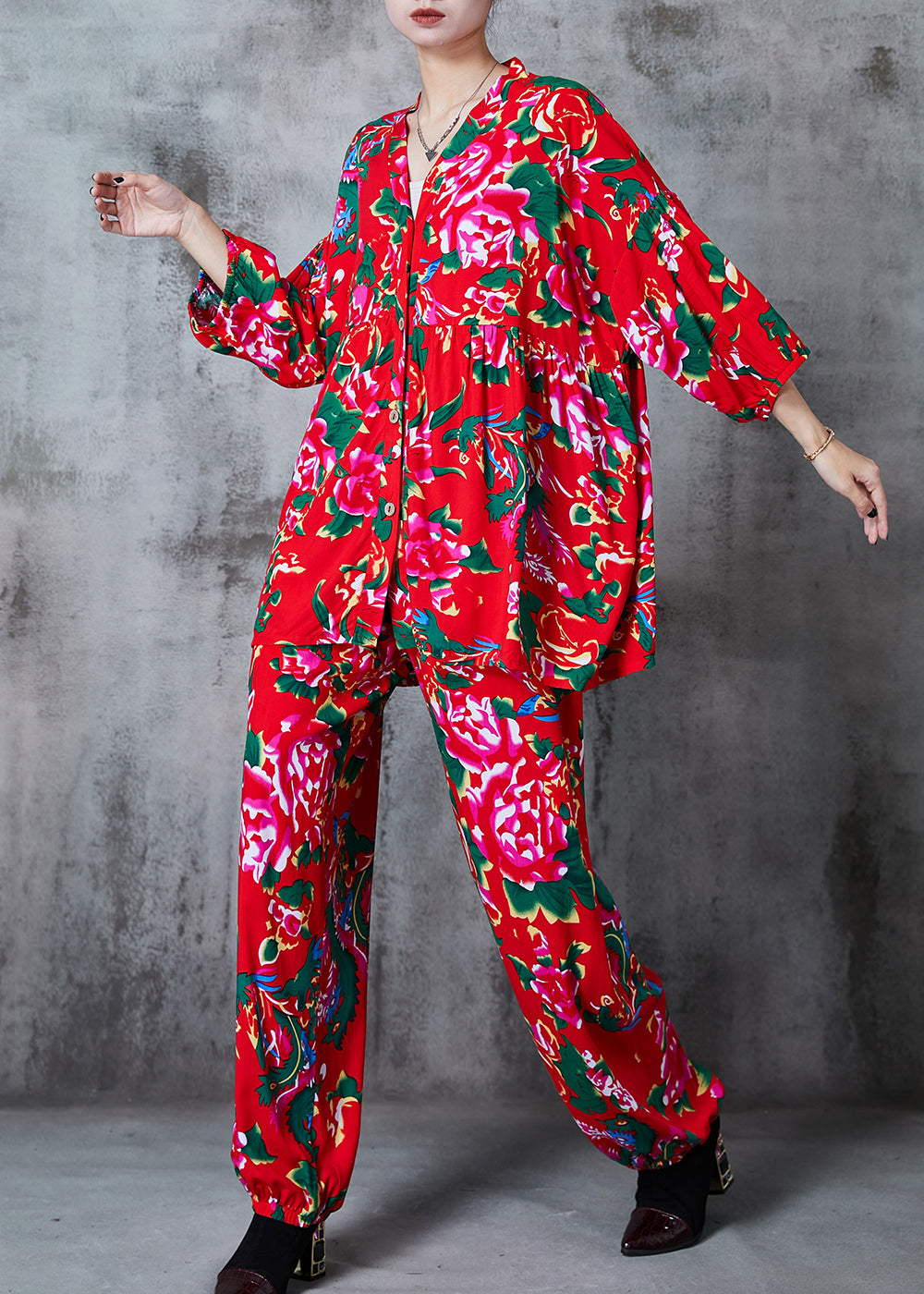 Red Oversized Print Cotton Two Piece Suit Set Summer