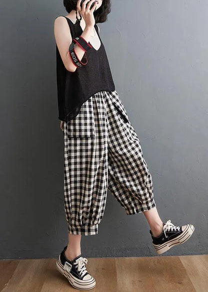 Plaid Elastic Waist Harem Pants Summer Cotton Linen