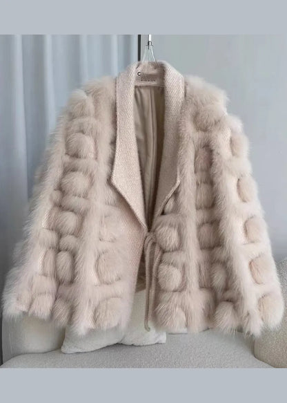 Boutique Beige Knit Patchwork Leather and Fur Jackets Winter