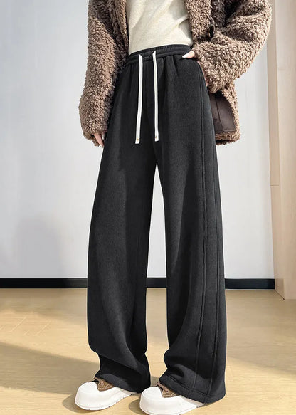 Simple Coffee Pockets Drawstring Warm Fleece Pants Winter