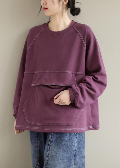 French Purple Tops Blouses O Neck Patchwork Silhouette Spring Blouses