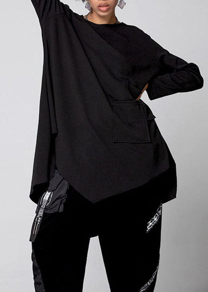 Black Asymmetrical Pockets Cotton Shirt Spring