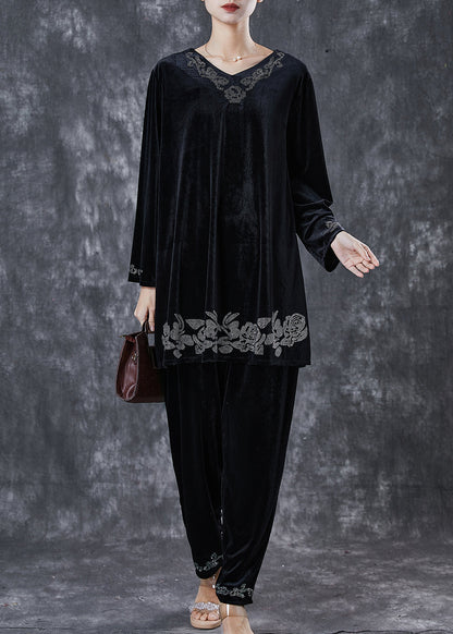Black Oversized Zircon Silk Velvet Two Pieces Set Spring