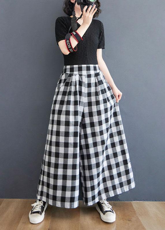 Boutique Big Grid High Waist Wide Leg Pants Summer Cotton Linen
