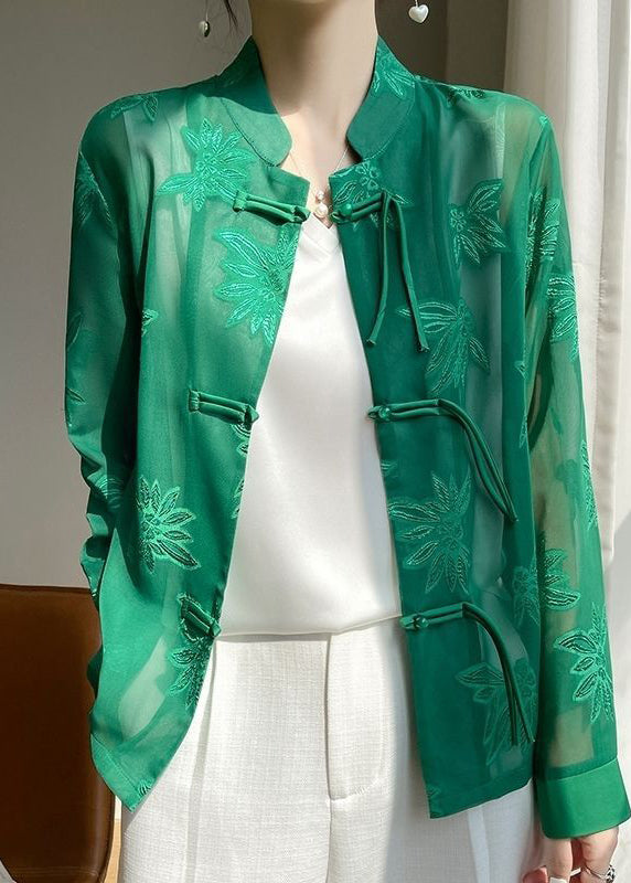 Green Tulle Upf 50+ Top Embroideried Chinese Button Fall