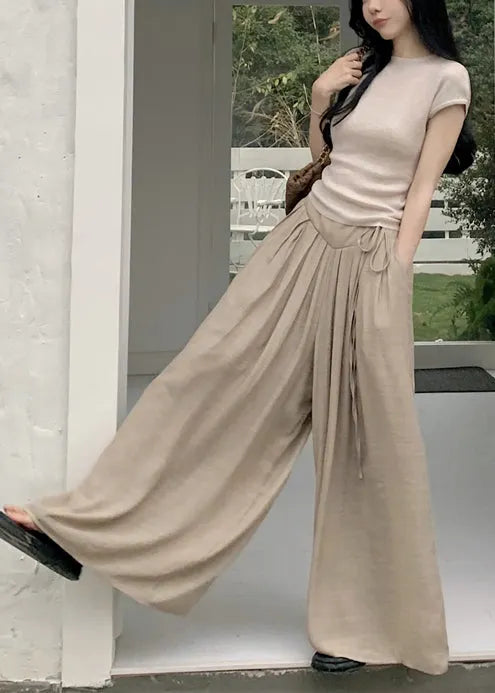 Khaki Silm Fit Tops and Wide Leg Pants Two Pieces Set Summer