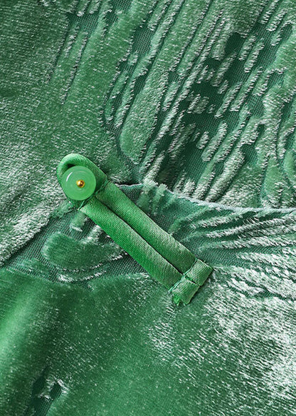 Green Stand Collar Low High Design Silk Velour Tops Long Sleeve