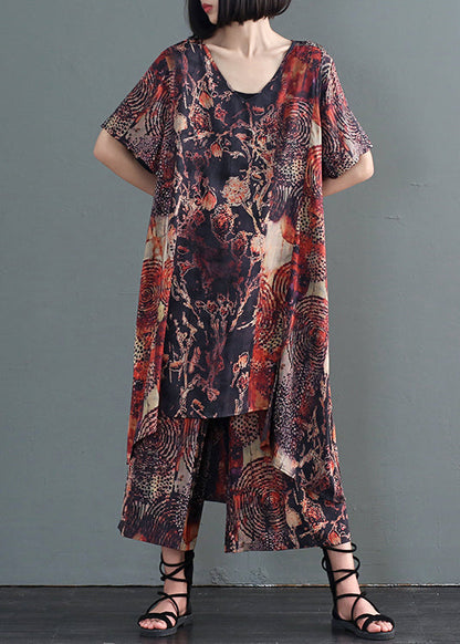 Coffee Print Low High Design Silk Holiday Dress and Pant Two Pieces Set Fall