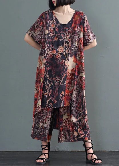 Coffee Print Low High Design Silk Holiday Dress and Pant Two Pieces Set Fall