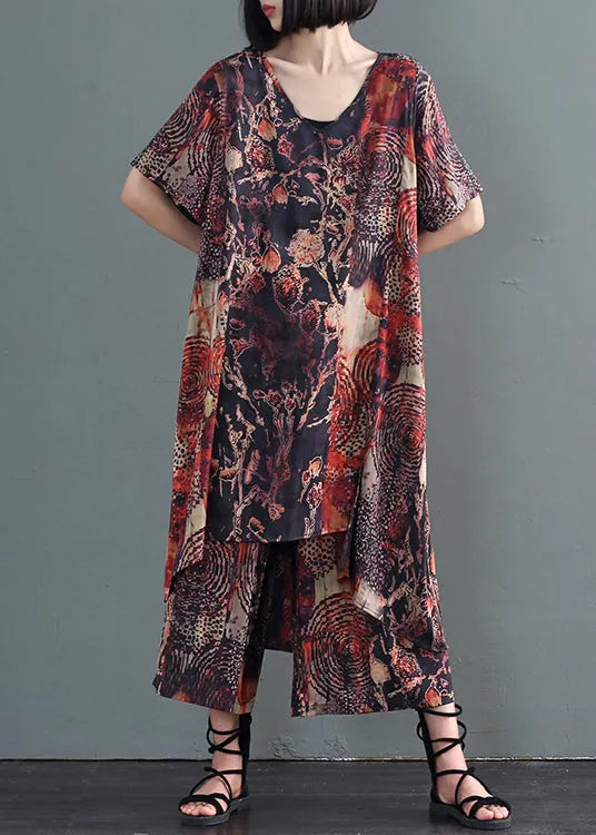 Coffee Print Low High Design Silk Holiday Dress and Pant Two Pieces Set Fall