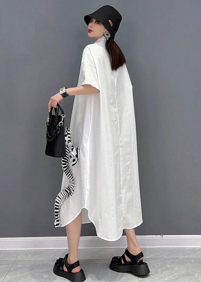 Modern White Peter Pan Collar Asymmetrical Bow Button Party Dress Short Sleeve