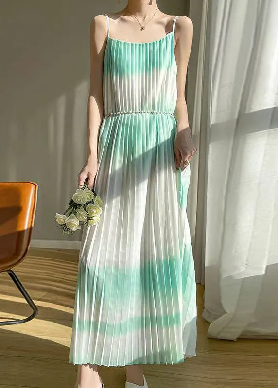 Green Wrinkled Cotton Spaghetti Strap Dress Sleeveless