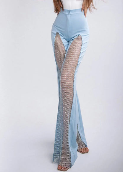 Blue Hollow Out Patchwork Tulle Bell-bottom Trousers Spring