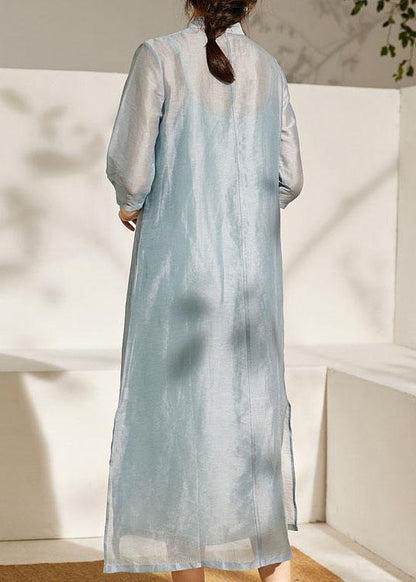 Blue Side Open Embroideried Summer Linen Vacation Dresses Half Sleeve