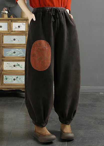 Coffee Pockets Elastic Waist Thick Warm Fleece Pants Winter