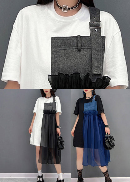 French Black O-neck Denim Tulle Patchwork Dress Short Sleeve