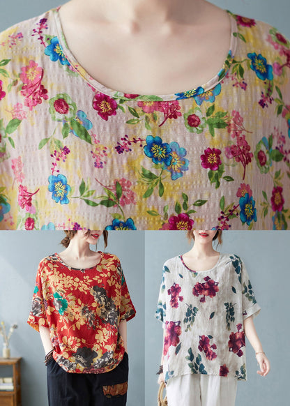 Red O-neck Print Cotton Tank Tops Short Sleeve