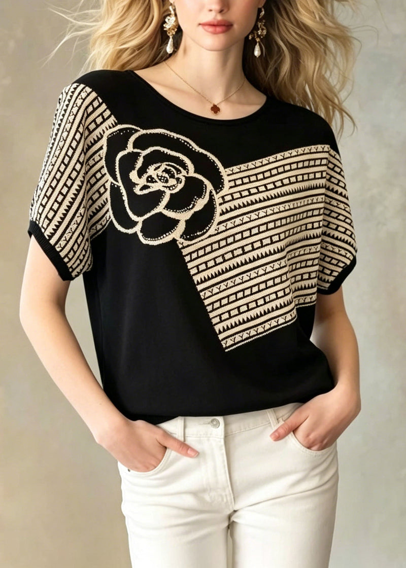 Loose Black O Neck Zircon Knit Top Summer