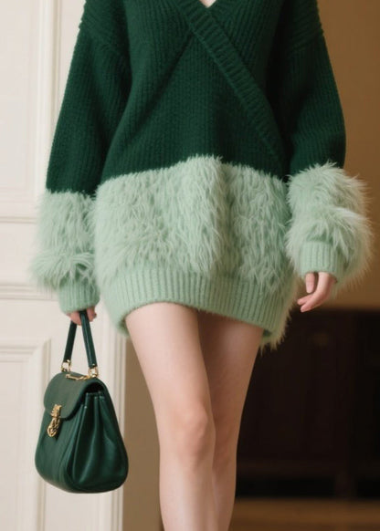 Tea Green Oversized Patchwork Knitwear Dress Winter