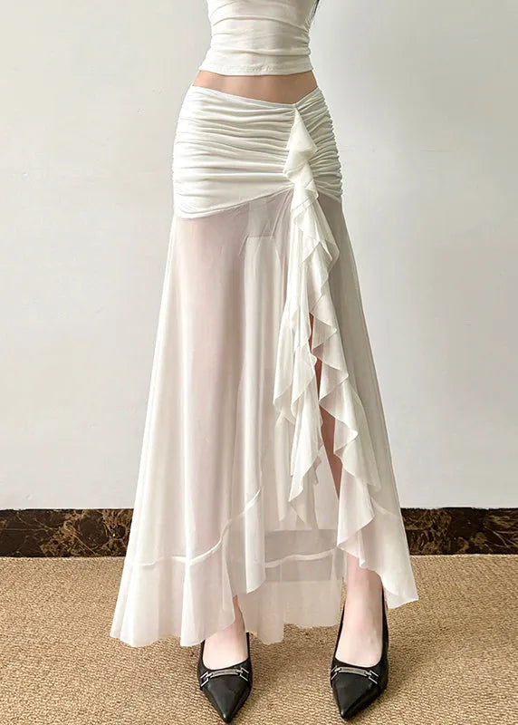 White Wrinkled Side Open Tulle Skirt Summer