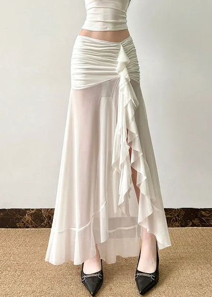 White Wrinkled Side Open Tulle Skirt Summer