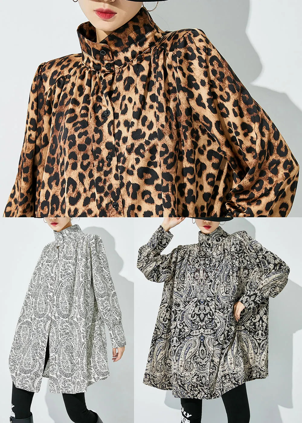 Black Stand Collar Print Chiffon Shirts Spring