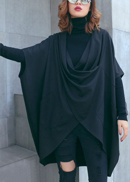 Loose Black Bat Wing Sleeve Pockets Asymmetrical Design Fall Tops