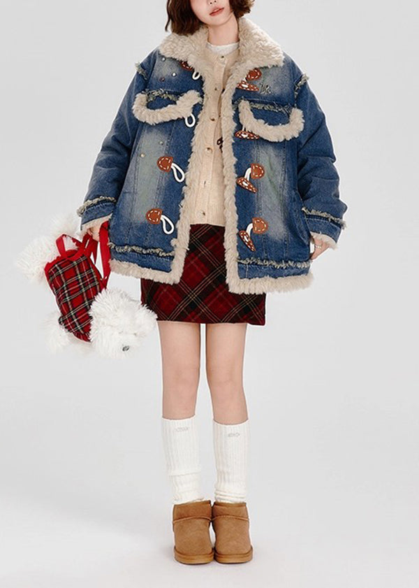 Blue Fuzzy Fur Patchwork Fine Cotton Filled Denim Coat Winter