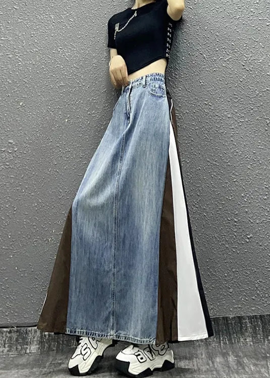 Boutique Blue Pockets Striped Patchwork Denim a Line Skirts Fall