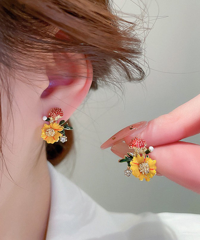 Art Yellow Alloy Zircon Pearl Drop Glaze Stud Earrings