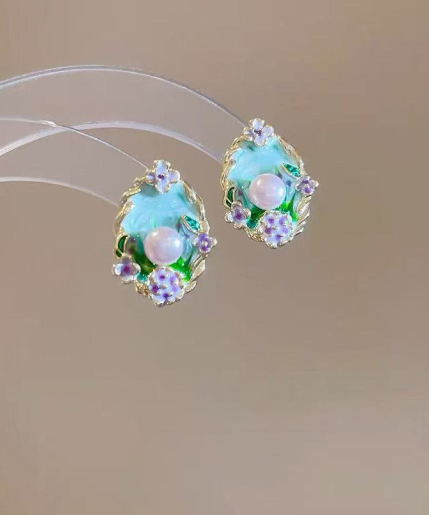 Art Blue Copper Pearl Dripping Glaze Stud Earrings