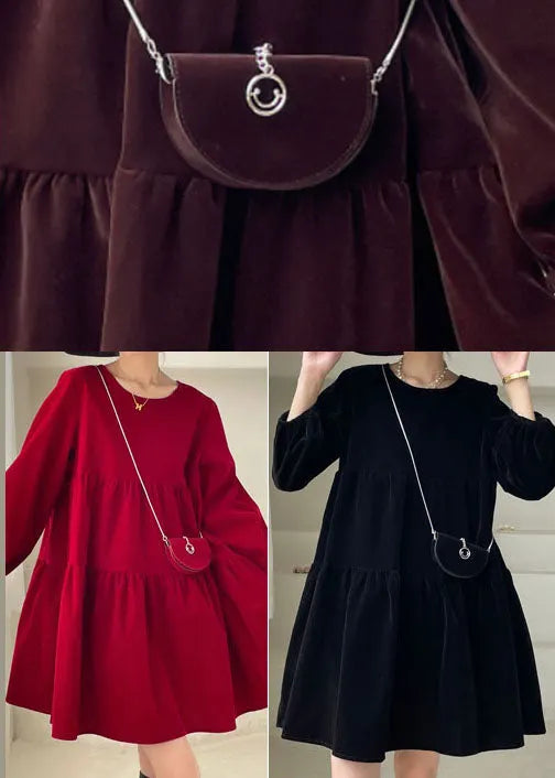 Chocolate O-neck Velour Vacation Dress Spring