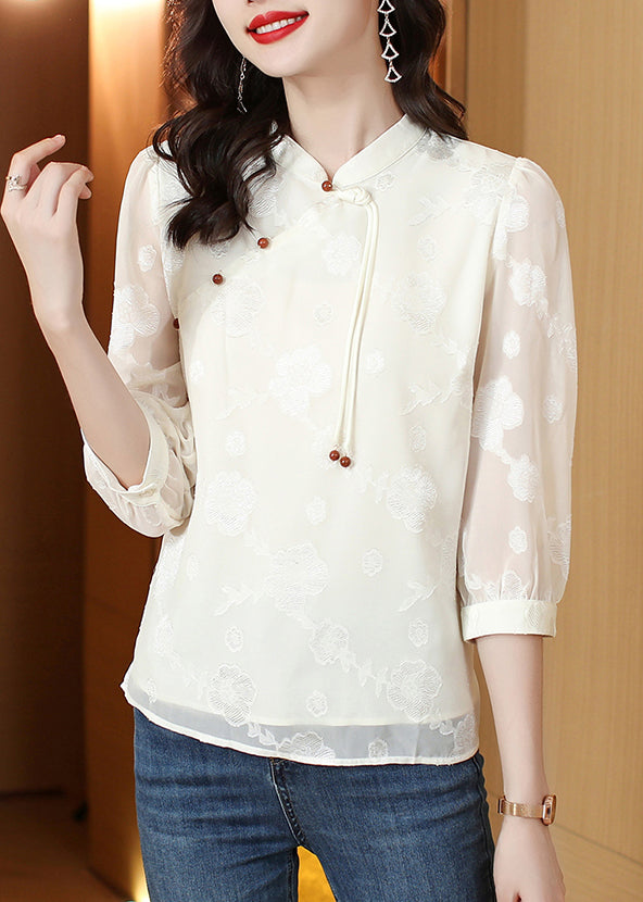 Beige Mandarin Collar Tassel Jacquard Silk Blouses Half Sleeve