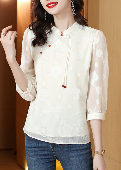 Beige Mandarin Collar Tassel Jacquard Silk Blouses Half Sleeve
