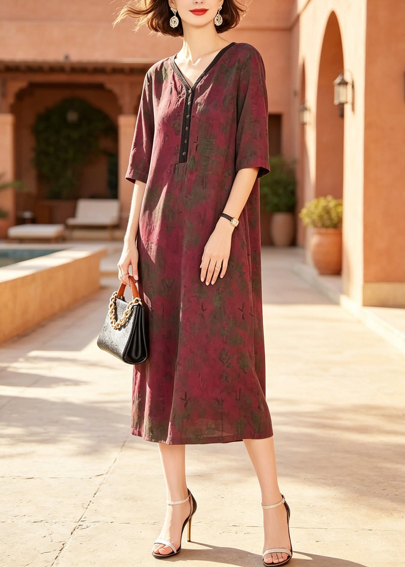 Red V Neck Print Patchwork Silk Dresses Summer