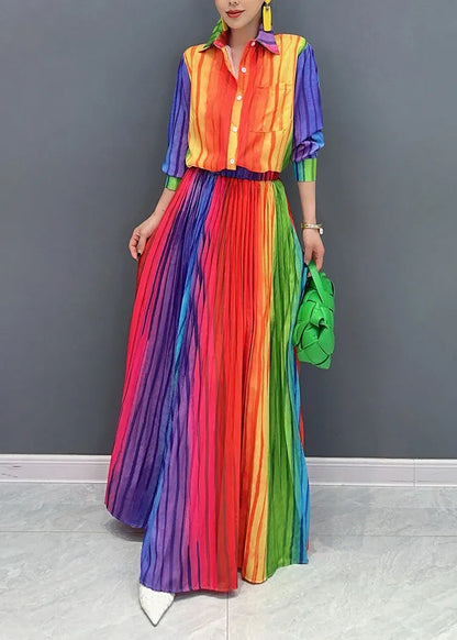 Fine Purple Peter Pan Collar Striped Shirts and Maxi Skirts Two Pieces Set Fall
