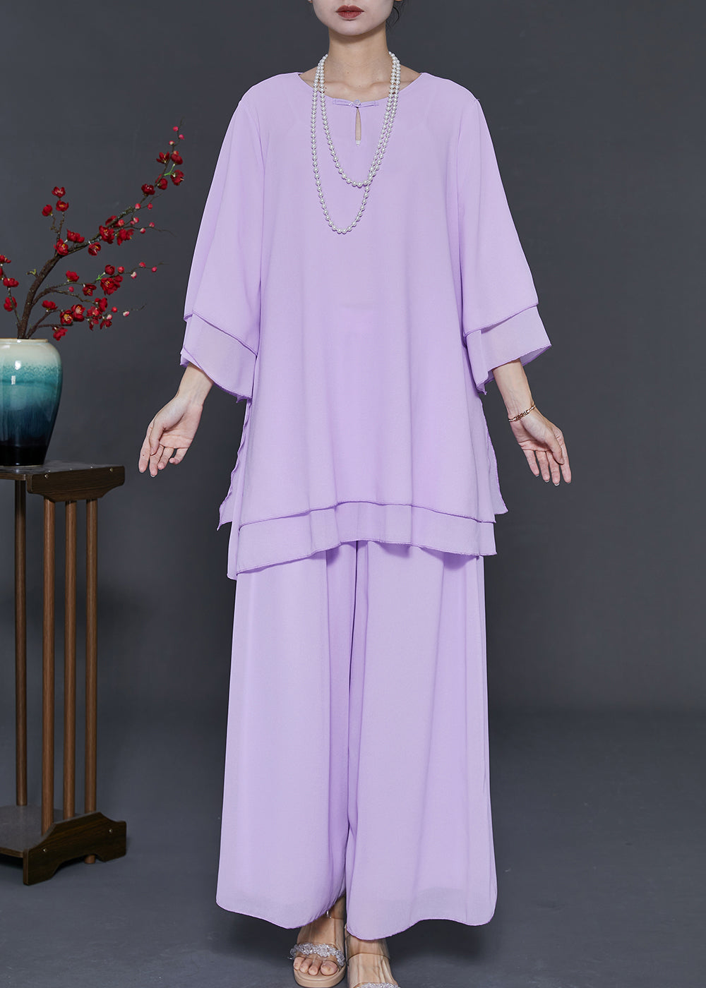Purple Oversized Draping Chiffon Two Pieces Set Summer
