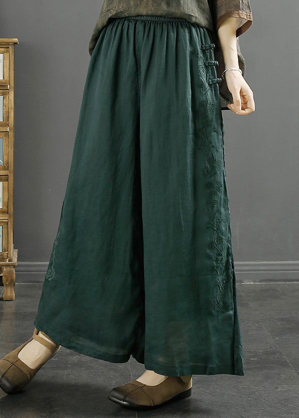 Blackish Green Embroideried Side Open Linen Crop Pants Spring