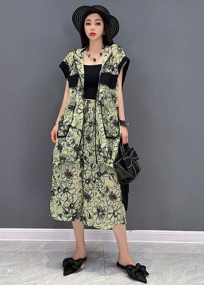 Green Hooded Patchwork Print Low High Design Chiffon Two Pieces Set Summer