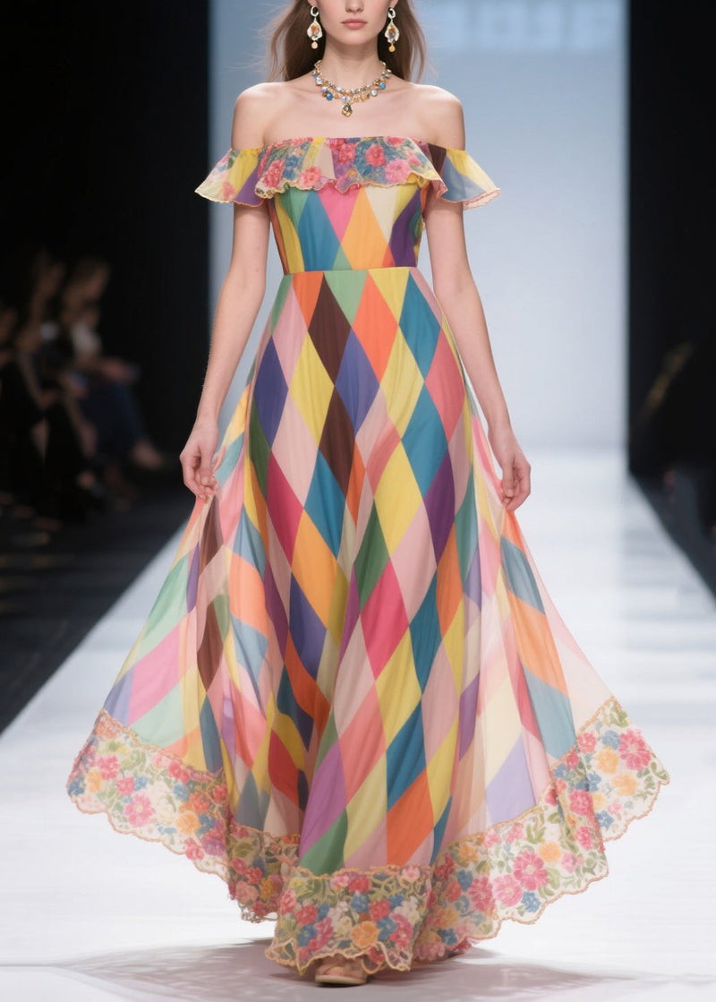 Multicolour Plaid Patchwork Lace Chiffon Beach Strapless Dress Summer