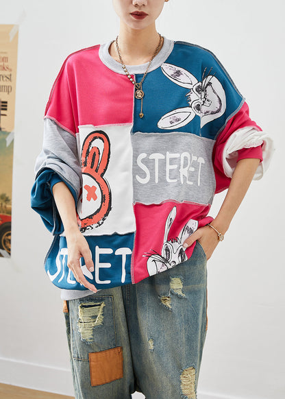 Colorblock Oversized Patchwork Rabbit Print Cotton Sweatshirt Fall